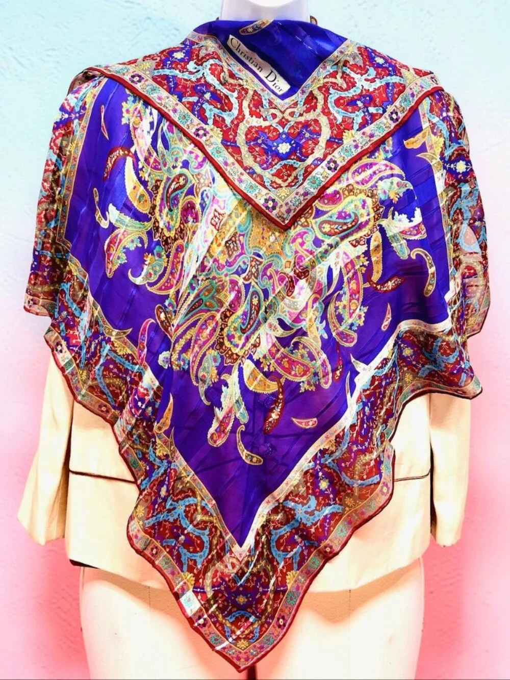 Christian Dior Soft 00% Silk Scarf Chiffon & Satin PurplePaisley Floral 31